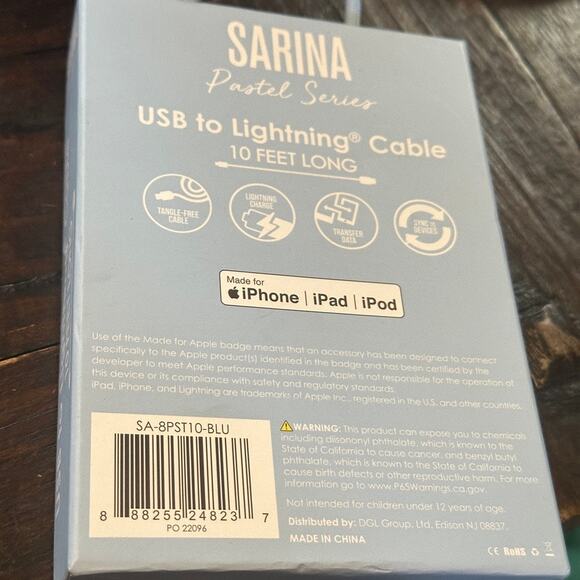 Sarina Pastel Series 10ft USB to Lightning Cable Blue iPhone iPad Charger Cord - Picture 2 of 4